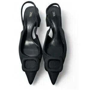 Zara Black Pointed Slingback Heels with Square Accent